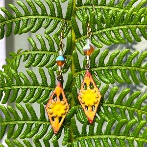 Handmade Vintage Metal Enamel and Glass Dangle Earrings